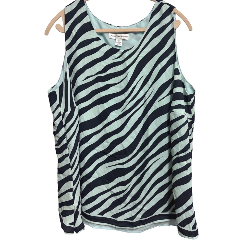 August Max Woman Zebra Print Silk Blue Black Sleeveless Blouse Plus Size 18W